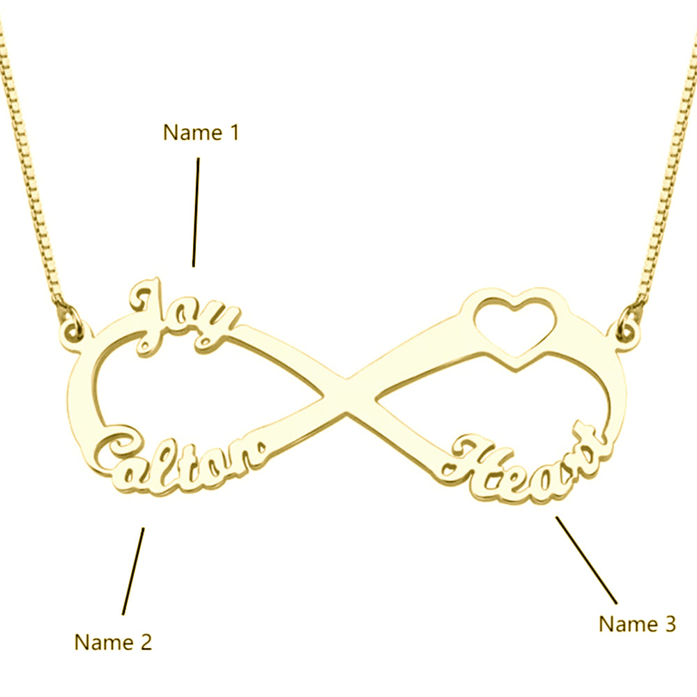 Personalized Three Name Infinity Necklace In Gold Plated Sterling Silver